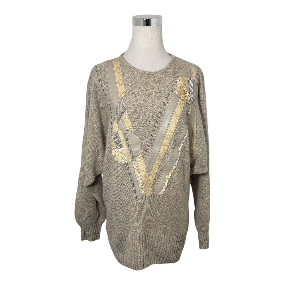 Cedars Vintage Women's Size M Embellished Silk Blend Sweater Beaded Faux Leather